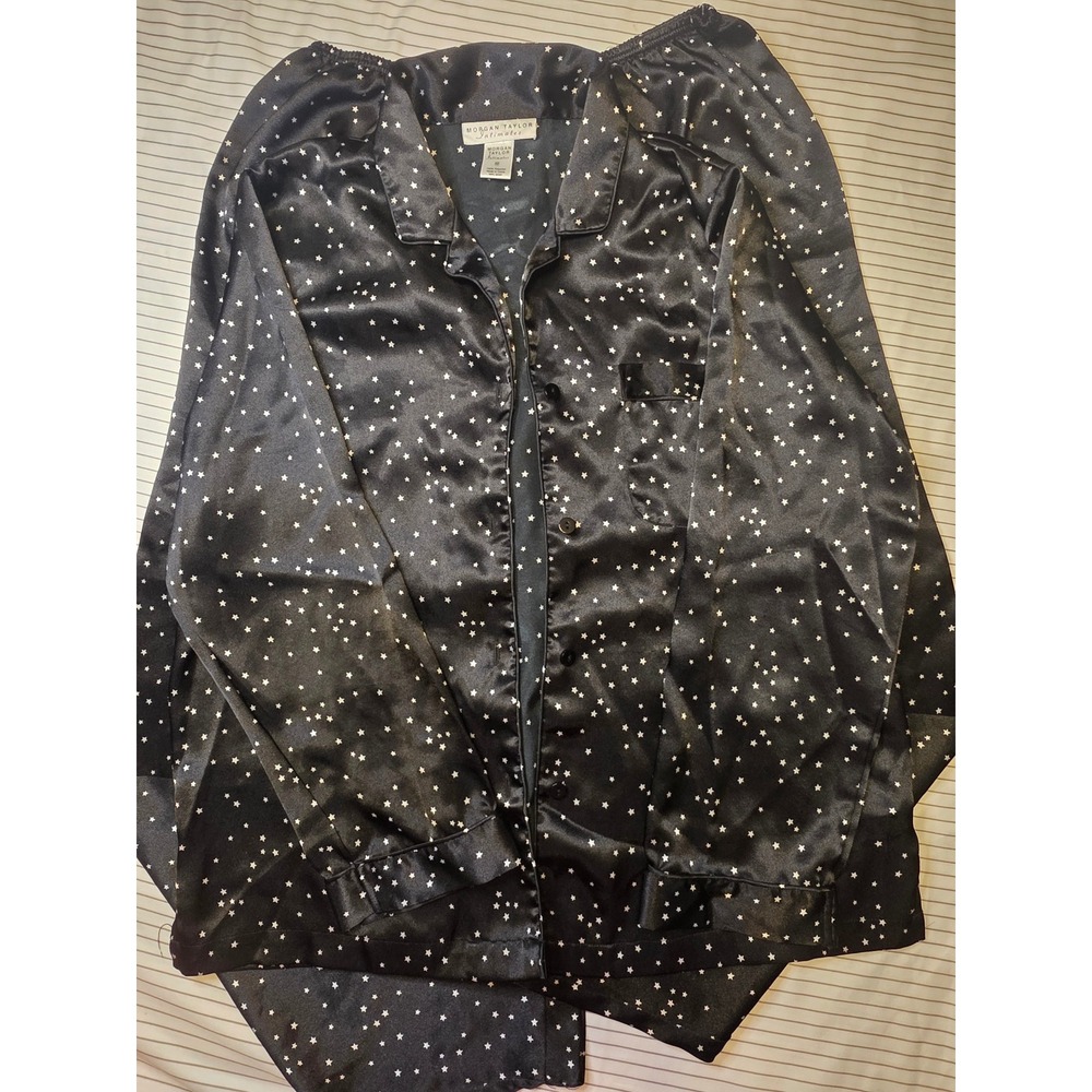 1131 Morgan Taylor Intimates Black Satin Star Print Pajama Set Womens Medium